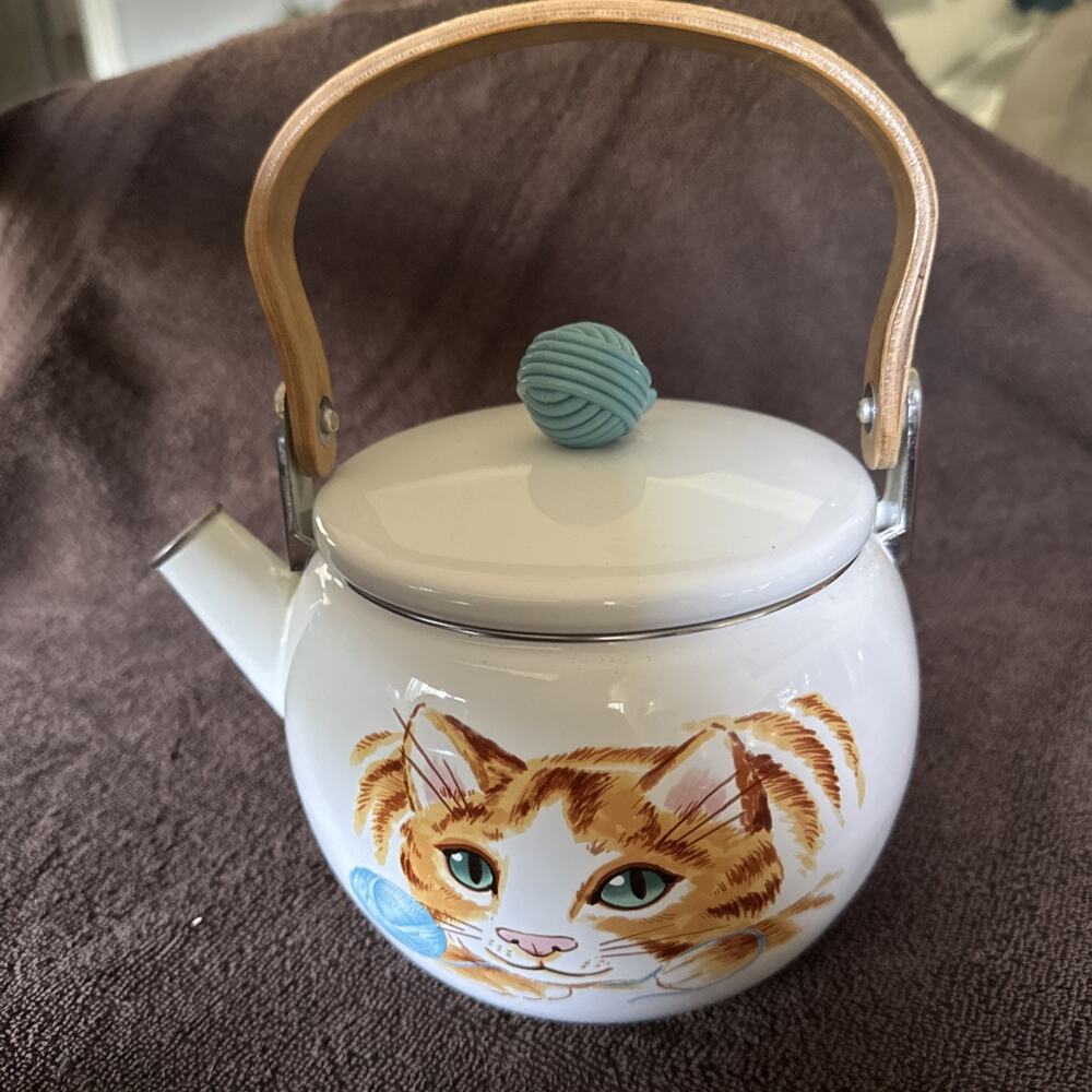 VNTG Orange Tabby Cat Teapot-Bamboo Handle - Lid Knob is Yarn Ball/Whimsy/Enamel